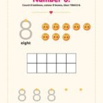 Count 8 laddoos, colour the ten frame and trace number 8