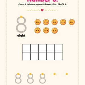Count 8 laddoos, colour the ten frame and trace number 8