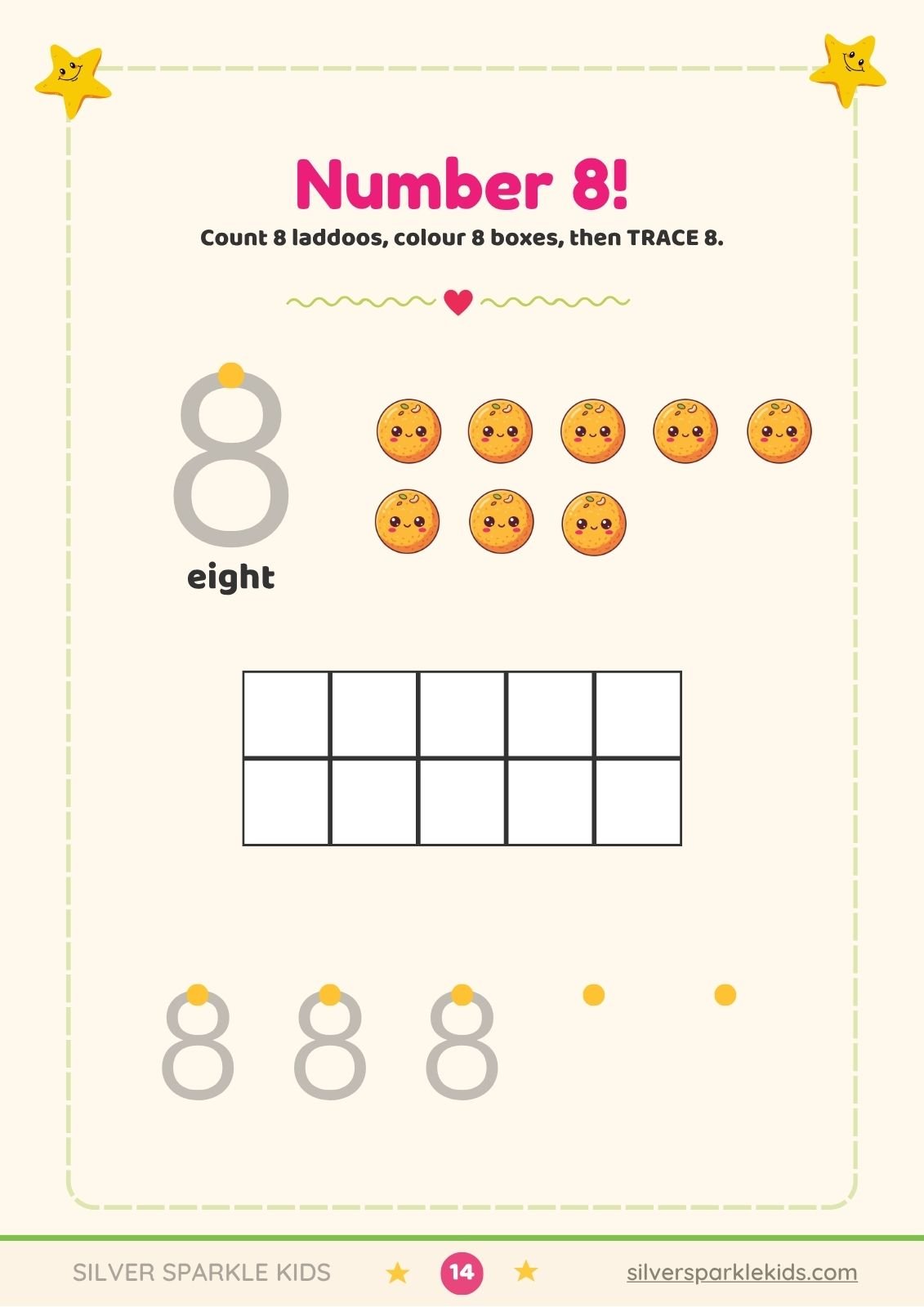 Count 8 laddoos, colour the ten frame and trace number 8