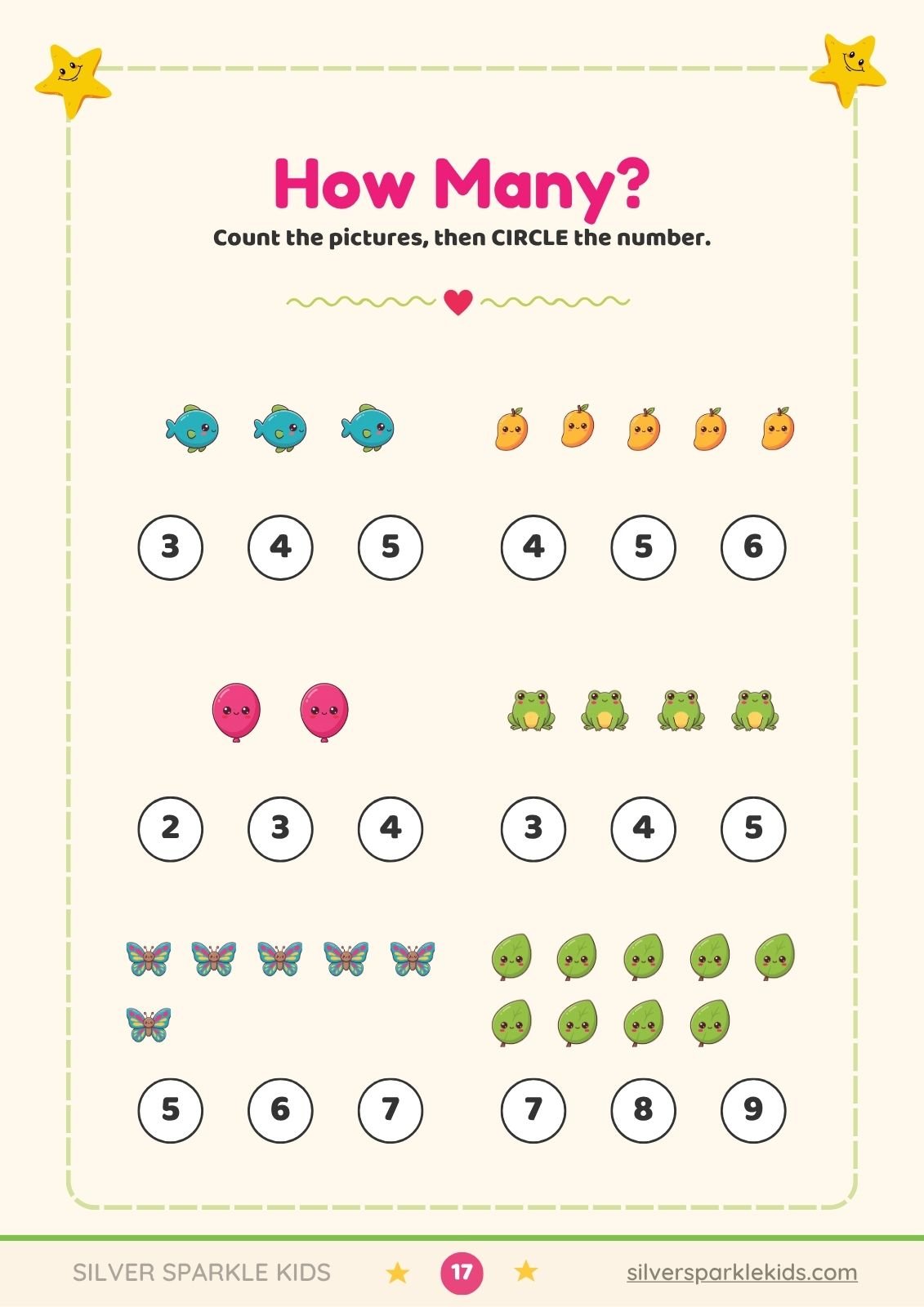 How many? counting worksheet with choose-the-number circles