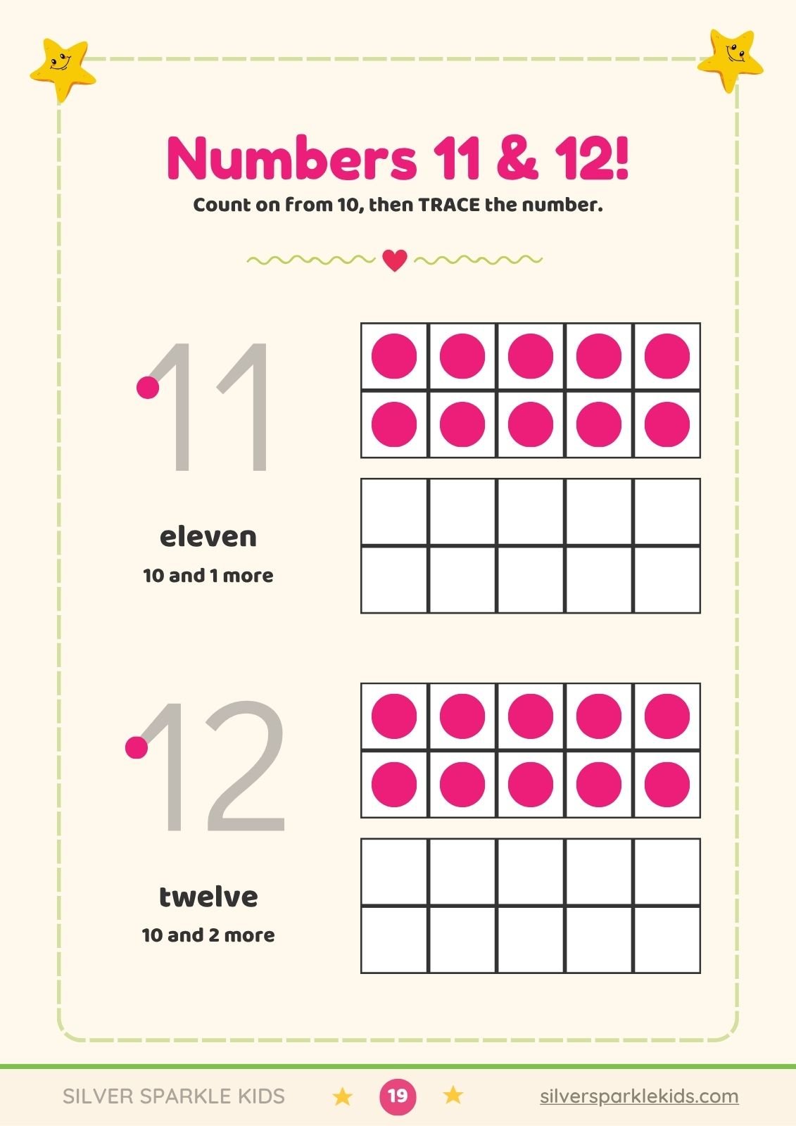 Teen numbers worksheet showing 11 as 10 and 1 more with ten frames