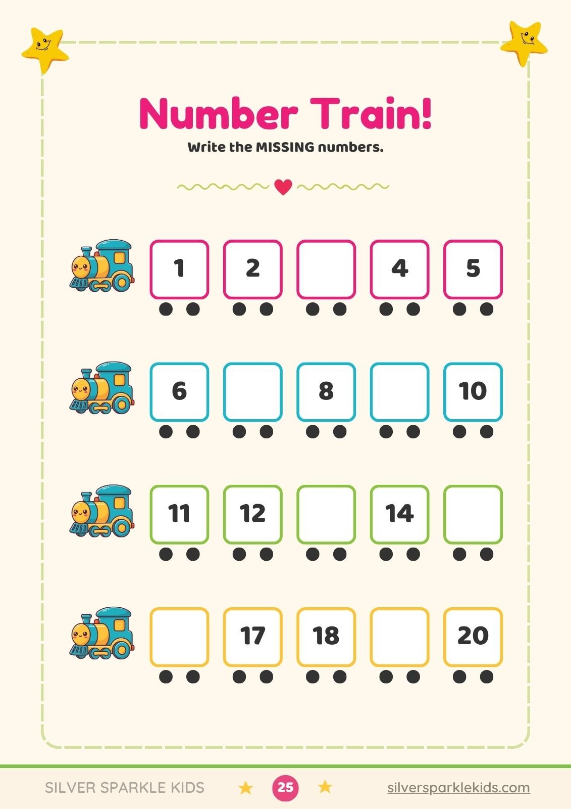 Number train worksheet, write the missing numbers 1 to 20